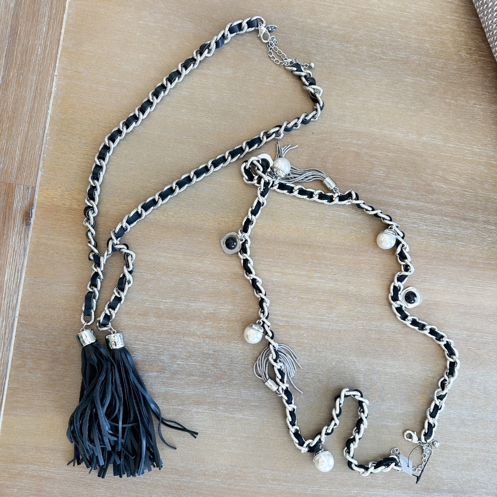 Chico's Silver Black leather like Necklace and chain belt